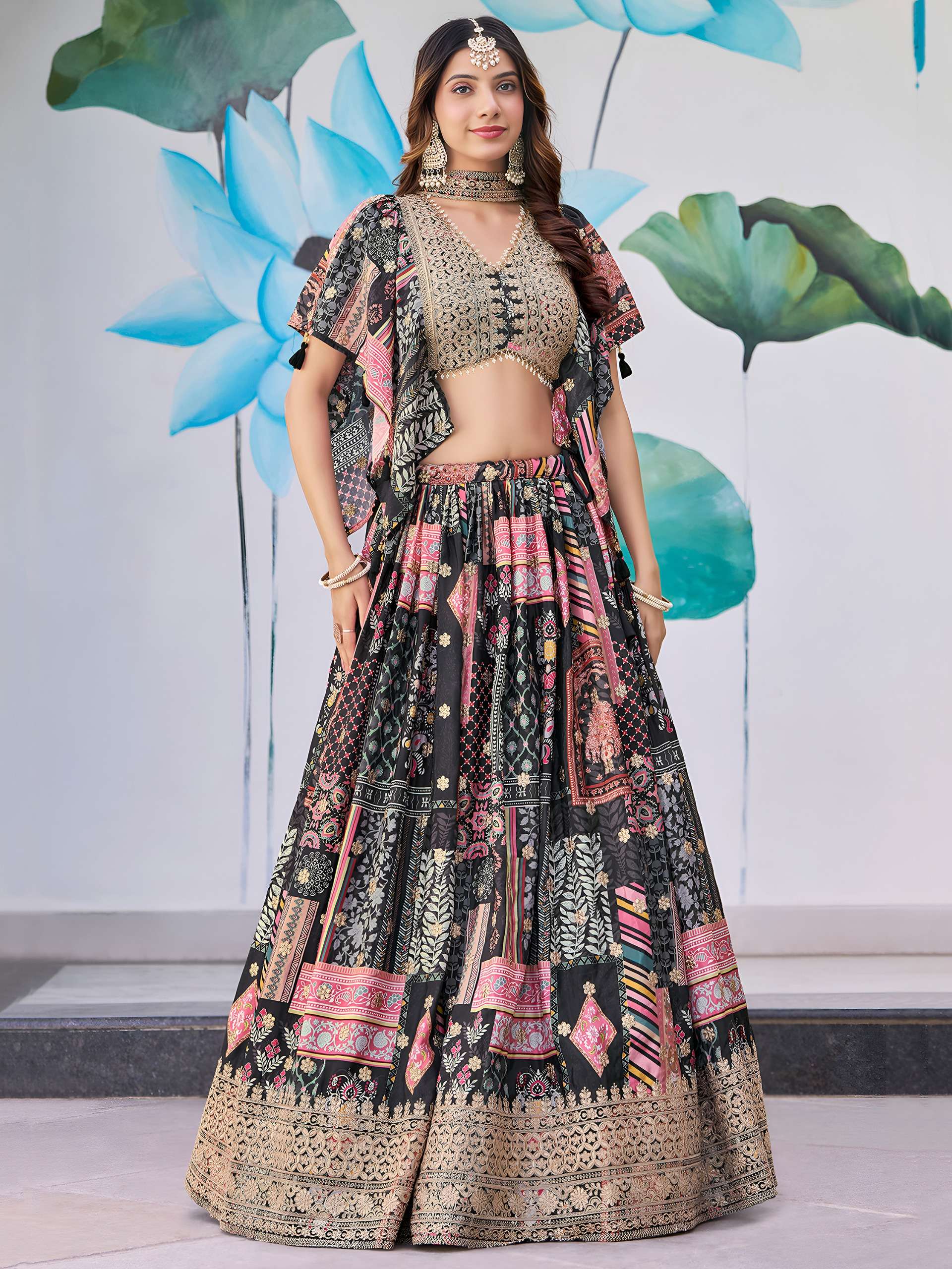 Black Multicolor in Chinnon Silk Royal and Heritage fabric Lehenga Choli wholesale in surat 7050 Black 